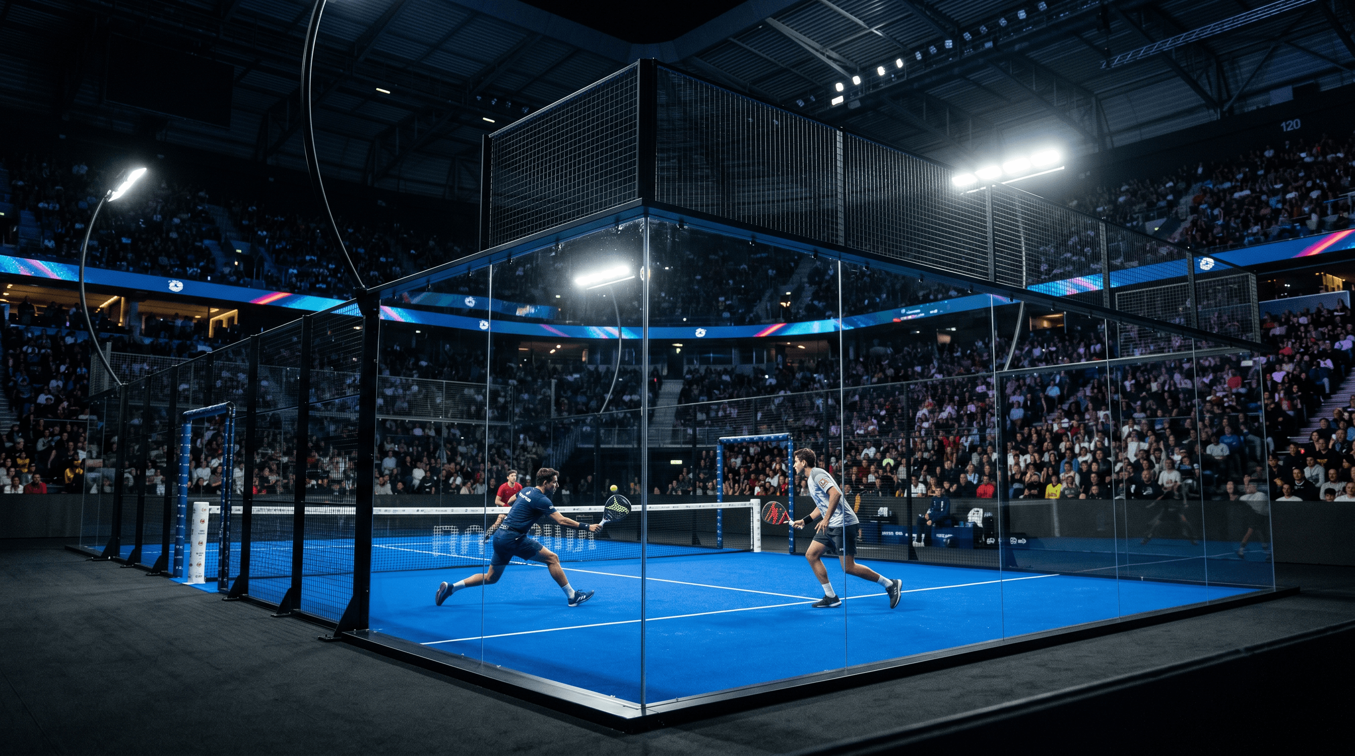 A premium racquet-sports court at dusk.