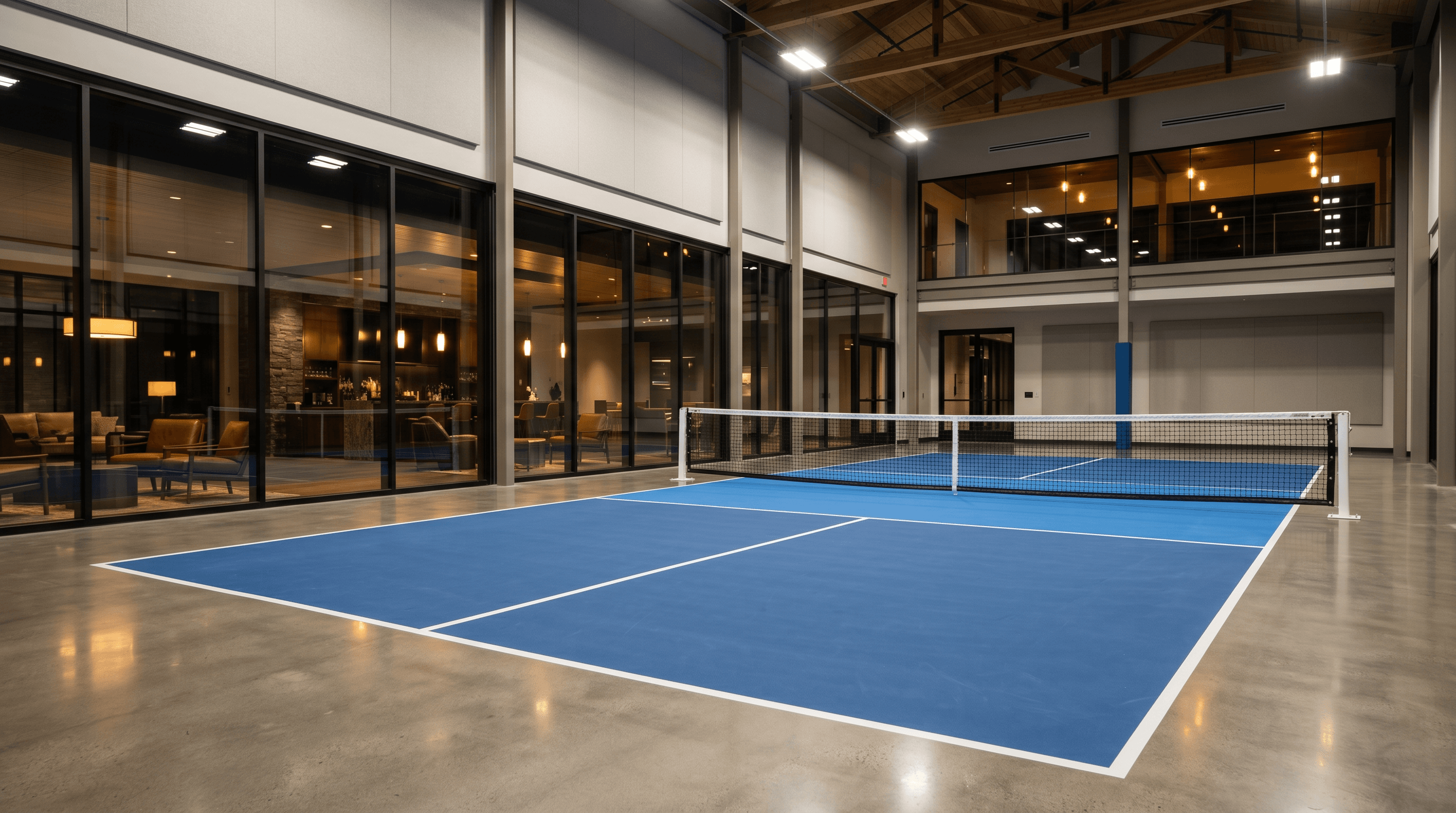 Pickleball court in Courtside blue with white tournament lines.