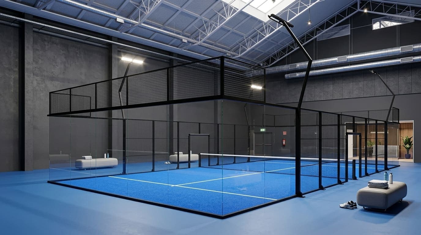 Padel court with glass walls at a premium club.